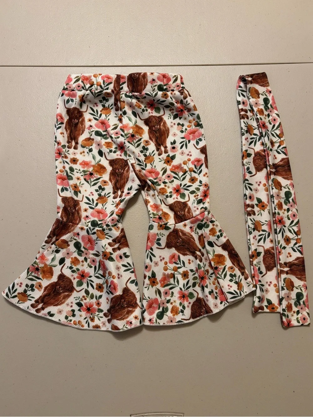 Floral & Brown Highland Cow Ruffle Pants with Matching Headband  0034S